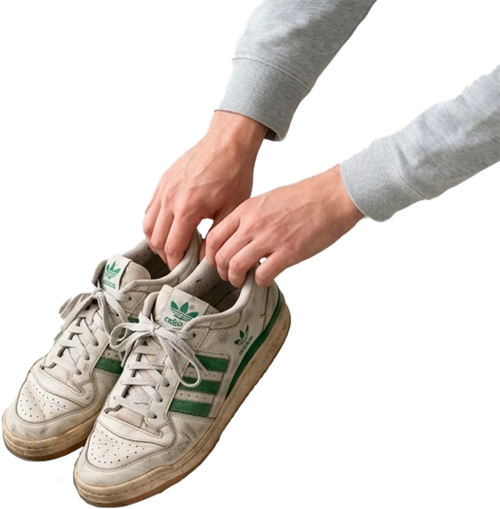 Manos llevando zapatillas usadas al punto de recogida